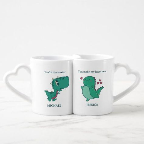 $24.25 | T-rex Dinosaur Cute Couple Funny Valentine's Day #cute valentine's day personalized mug, husband and wife wedding anniversary, boyfriend and girlfriend happy couple, best friends bff besties buddies, his and hers customized mug, newlyweds bride and groom gifts, mr and mrs custom name, funny valentine love puns, you're dinomite my heart saur, kawaii t-rex dinosaur dino cartoon Coffee Mugs For Couples, Dino Cartoon, Mugs For Couples, Heart Shaped Mug, Valentine Mugs, Couple Funny, Anniversary Boyfriend, Groom Gifts, Coffee Mug Set