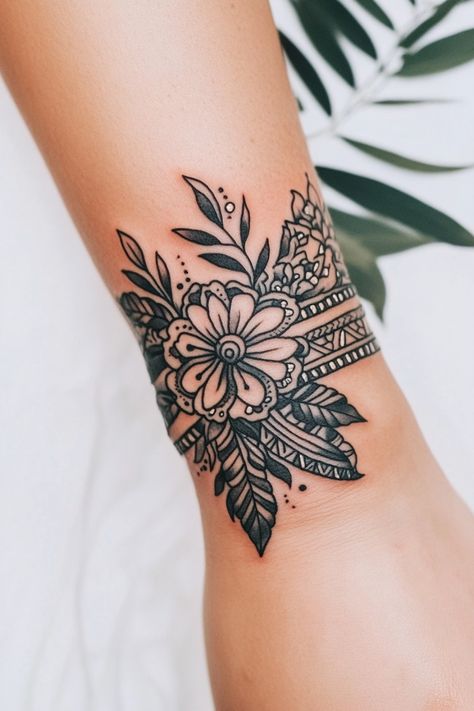 Floral and geometric black ink tattoo on the wrist. Floral Wrist Cuff Tattoo, Geometric Wrist Tattoos For Women, Beautiful Wrist Tattoos For Women, Arm Cuff Tattoo For Women, Cuff Tattoo For Women, Womens Wrist Tattoos, Wrist Cuff Tattoos For Women, Wrap Around Flower Tattoo Arm, Leather Tattoo Design