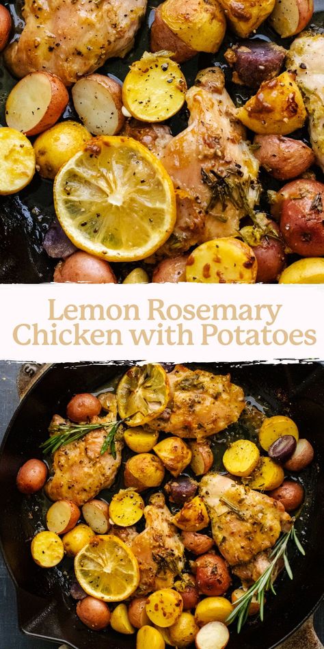 Juicy, tender Roasted Lemon Rosemary Chicken with potatoes and an outstanding lemony sauce. All you need is one pan and less than 1 hour to make this wholesome and delicious meal! Perfect for a busy weeknight meal or healthy meal prep. Lemon Rosemary Garlic Chicken And Potatoes Southern Living, Dinner Recipes With Rosemary, Chicken Roasted Potatoes Dinners, Maple Rosemary Chicken, Rosemary Dinner Recipes, Sheet Pan Lemon Rosemary Chicken, Roasted Chicken Meals, Lemon Rosemary Chicken Thighs, Healthy Chicken And Potatoes