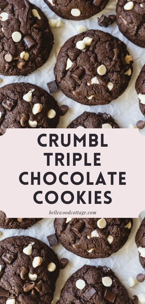 Crumbl Dark Dream Cookie, Triple Chocolate Chunk Cookies, Cookie Recipes That Freeze Well, Crumble Cookie Copycat Recipe Chocolate, Triple Chocolate Cookies Recipe, Crumble Chocolate Cookie, How To Make Crumbl Cookies, Crumbl Cookies Copycat, Crumbl Cookie Chocolate