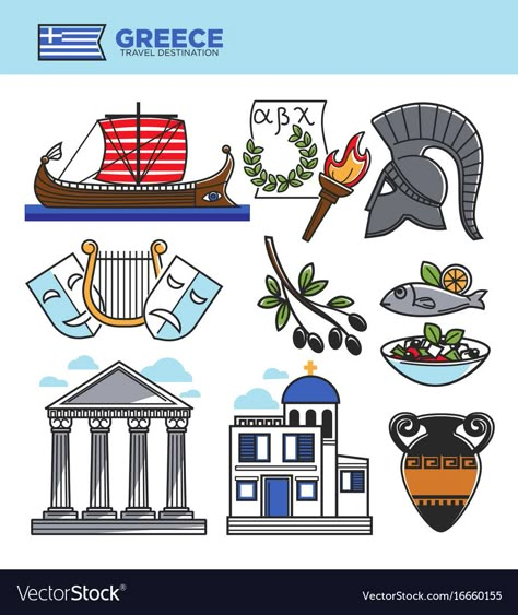 Greece travel tourism landmark symbols and greek Vector Image Greek Mythology Lessons, Bucket List Journal, Greek Flag, Map Murals, Holiday Travel Destinations, Spartan Helmet, School Clipart, Graphic Design Fonts, Greek Art