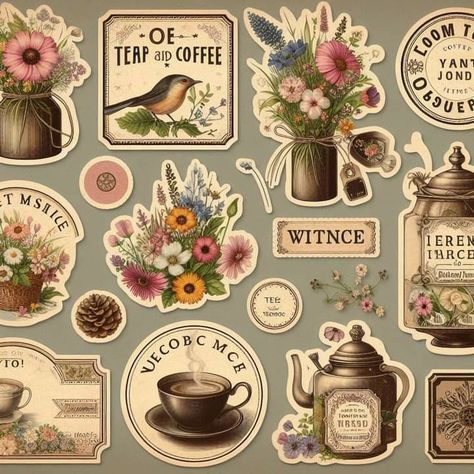 Tea Stickers, Free Printable Planner Stickers, Printable Collage Sheet, Creative Bookmarks, Scrapbook Flowers, Free Printable Stickers, Scrapbook Stickers Printable, Printable Vintage, Vintage Junk Journal