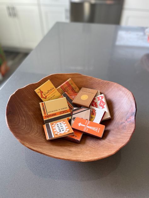 Hand carved madrona bowl with retro matchbooks Matchbooks In Bowl, Matchbook Bowl, Retro Matchbooks, 70s Cabin, Rustic Interiors, Cozy House, Hand Carved, Cabin, Carving