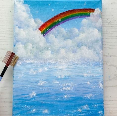 How to paint dreamy rainbow with fluffy clouds Colourful Clouds Painting, How To Paint Fluffy Clouds, Rainbow Clouds Painting, Rainbow Scenery Painting, Rainbow With Clouds Drawing, Dreamy Clouds Painting, Cloud Painting Acrylic, Texture Painting Techniques, Easy Abstract Art