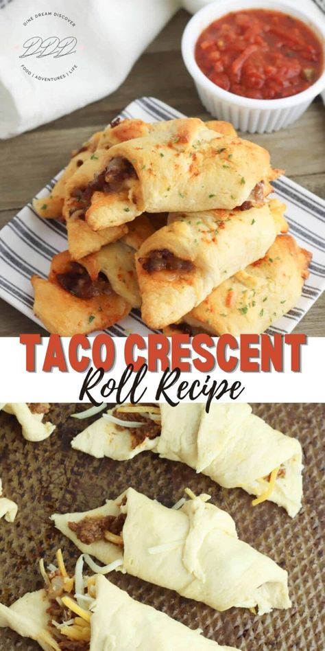 Taco Stuffed Crescent Rolls | Dine Dream Discover Quick And Easy Dinner Recipes With Crescent Rolls, Taco And Crescent Rolls, Tacos With Crescent Rolls, Finger Food With Crescent Rolls, Low Carb Crescent Roll Recipes, Crescent Taco Roll, Croissant Tacos Crescent Rolls, Supper With Crescent Rolls, Meals Made With Crescent Rolls