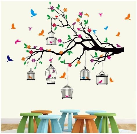 Balcony Wall Painting, Bird Cage Painting, Balcony Wall Painting Ideas, Cage Painting, Peacock Aesthetic, Simple Wall Paintings, Birds Cage, Balcony Wall, Indian Bedroom Decor