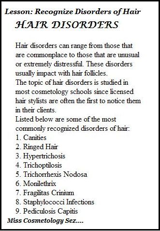 As a Licensed Hairdresser you must know all of the disorders of the hair. Also Recognizing them as your clients may have one! State Board Cosmetology Practical Exam, Texas Cosmetology State Board Exam, Cosmetology School Tips, Haircut Angles, Cosmetology School Notes, State Board Cosmetology, Cosmetology School Tips Student, Milady Cosmetology, Hairdresser Tips