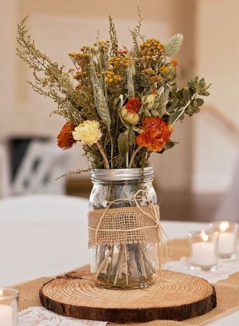 40+ Fall Wedding Ideas on a Budget We Love | HubPages Dried Flowers Mason Jar, Outdoor Evening Wedding Reception, Western Centerpieces, Outdoor Evening Wedding, Wedding Table Deco, Wedding Brainstorming, Alhambra Hall, Table Pieces, Wedding Ideas On A Budget