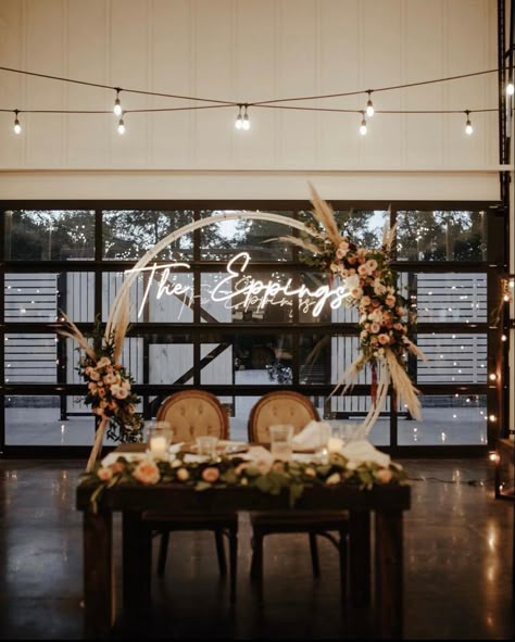 Boho Sweetheart Table With Neon Sign, Neon Sign On Arch, Sweetheart Table Backdrop, Sweet Heart Table, Sweetheart Table Sign, Sweetheart Table Decor, Heart Table, Rustic Wedding Backdrops, Name Decorations