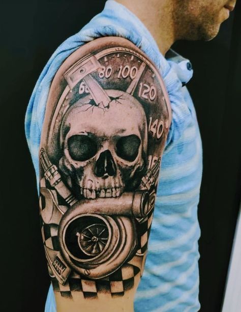 Skull Piston Tattoo, Auto Mechanic Tattoo For Men, Mechanic Sleeve Tattoo, Mechanic Skull Tattoo, Squishy Tattoo, Diesel Mechanic Tattoo, Turbo Tattoo Design, Mechanic Tattoo For Men, Car Related Tattoos For Men