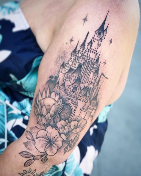 Disney Tattoo Black And Grey, Disney Floral Tattoo, Disney Foot Tattoo, Princess Tattoos, Disney Castle Tattoo, Tattoo Prints, Disney Sleeve Tattoos, Castle Tattoo, Disney Sleeve