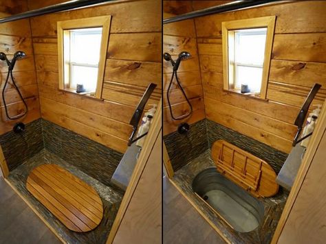 Hidden bathtub Tiny House Bathtub, Diy Tiny House Plans, Gooseneck Tiny House, Cama Queen Size, Diy Tiny House, Japanese Soaking Tubs, Cabin Bathrooms, Best Tiny House, Living Room Arrangements