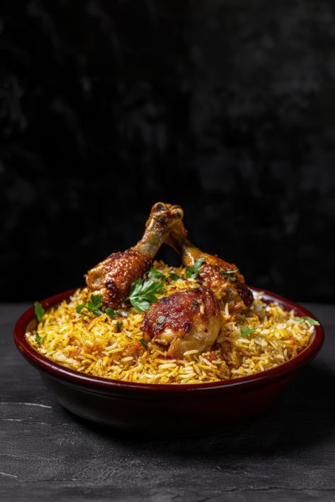 Beautifully presented biryani dish with golden rice and succulent chicken pieces on top Chicken Biryani Images, Biryani Images, Golden Rice, Bbq Beans, Biryani Rice, Food Videography, Evening Greetings, Chicken Pieces, Chicken Biryani