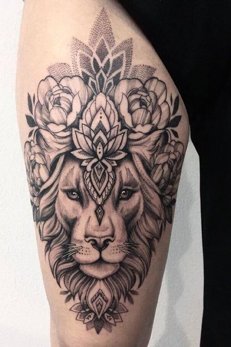 Front Thigh Tattoos, Lion Tattoo On Thigh, Upper Leg Tattoos, Upper Thigh Tattoos, Lioness Tattoo, Hip Thigh Tattoos, Petit Tattoo, Hip Tattoos Women, Inspiration Tattoos