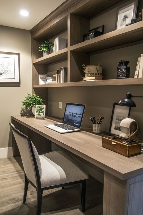 Transform your home office into a stylish and functional workspace with easy DIY projects. Build custom shelves, upcycle old furniture, and add decorative touches that make the space both inspiring and productive. Maximize storage by repurposing crates or installing wall-mounted organizers, and personalize the area with framed prints and a stylish desk lamp. #HomeOfficeGoals #DIYMakes #ProductiveWorkspace Custom Desks Ideas, Over Desk Shelves, Small Office Interior Design Workspaces, Office Small Space Ideas, Bedroom Work Desk, Wall Desk Ideas, Home Office Ideas For Small Spaces, Home Office In Bedroom Ideas, Modern Desk Ideas