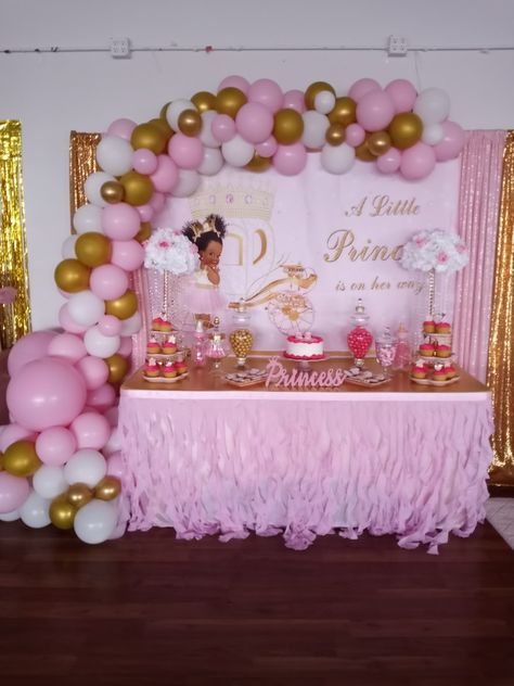 Pink White And Gold Baby Shower Ideas, A Little Princess Is On Her Way, Pink And Gold Baby Shower Ideas, Gold Baby Shower Ideas, Baby Shower Roses, Baby Shower Princess Theme, Pink Gold Baby Shower, Baby Shower Party Themes, White Baby Showers