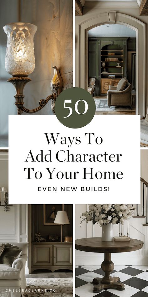 This is a giant list of ways to add character and personality to your home. Even if it's a new build, or builder-grade style house, you can create a welcoming home that feels nostalgic. These tips will inspire you to add character to your home, no matter your budget. I've included affordable budget-friendly home improvement tips in this article as well as mid-range and big-budget tips. Whether you’re working with a new build or an older home that needs some love, there are lots of ways to add Small Home With Character, Ways To Add Character To Your Home, Charming Home Decor, Making A New House Look Old, Add Personality To Your Home, How To Decorate Corners Living Room, Add Character To New Build, How To Add Character To A New Build, New Build Character