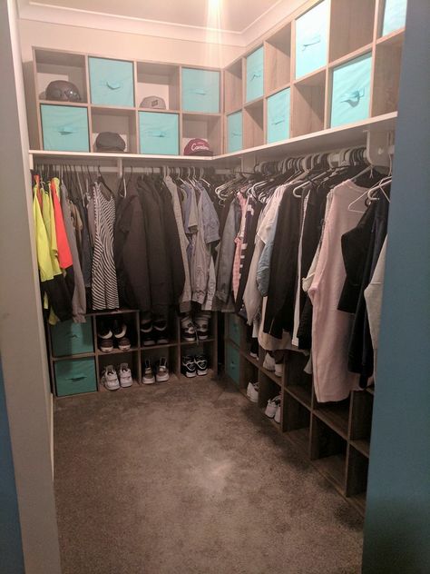 Organized Closet Walk In, Tiny Walk In Closet Ideas Storage, Walk In Closet Cube Storage, Double Wide Closet Organization, Closet Organization Ideas Couples, Walk In Wardrobe Organisation Kmart, Small Walk In Robe Organisation, Couple Closet Organization Ideas, Mobile Home Walk In Closet