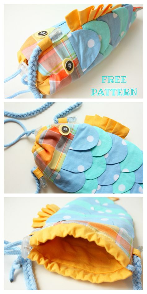 DIY Fabric Drawstring Fishy Purse Free Sewing Patterns & Tutorials | Fabric Art DIY Fish Drawstring Bag Pattern, Fish Purse Pattern, Fish Bag Sewing Pattern, Fish Bag Pattern, Sewing Fish, Fish Items, Fish Bags, Fish Purse, Sewn Gifts