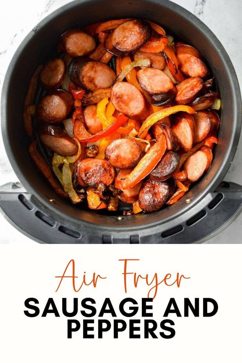 This easy 4 ingredient recipe for air fryer sausage and peppers is the ULTIMATE weeknight dinner idea. Ready in just 25 minutes, and easy to customize to your dietary needs, this easy dinner recipe will become a regular member of the weekly meal plan. Made with smoked sausage, colorful and crisp bell peppers, and onions, it's a veggie packed air fryer dinner that is sure to satisfy. Air Fryer Sausage, Air Fryer Dinner, Air Fryer Recipes Chicken Breast, Recipe For Air Fryer, Weekly Dinner, 4 Ingredient Recipes, Easy Summer Meals, Sausage And Peppers, Easy Air Fryer