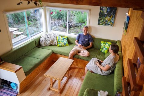 Tiny House Lounge, Tiny House Sofa Bed, Tiny Home One Level, Tiny House Couch Bed, Living Big In A Tiny House, Large Family Tiny House, Tiny Home Big Family, Tiny Home Big Windows, Tiny Home With Big Kitchen