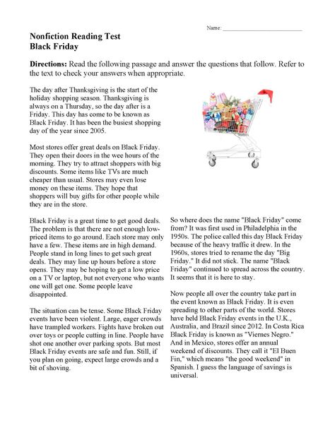 The day after Thanksgiving is known as Black Friday. It is the most notorious shopping day of the year. Learn about this cultural phenomenon in this short text and then answer multiple-choice and long response questions. Suggested reading level for this text: Grade 3-7. Nonfiction Reading Activities, Community Helpers Worksheets, Reading Comprehension Test, Excel Worksheet, Day After Thanksgiving, Comprehension Exercises, Short Text, Reading Test, Reading Activity