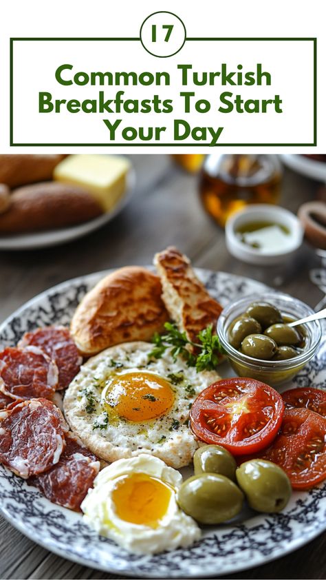 A plate filled with traditional Turkish breakfast items, including menemen, simit, olives, and a side of honey and butter, ready to be enjoyed for a hearty and flavorful morning meal. Turkish Breakfast Platter, Turkish Breakfast Traditional, Kaymak Recipe, Balkan Breakfast, Middle Eastern Breakfast, Arabic Breakfast, Turkish Dishes, European Breakfast, Thanksgiving 2022