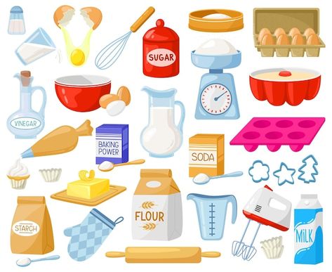 Cartoon baking ingredients. bakery ingre... | Premium Vector #Freepik #vector #baking-tools #baking-ingredients #cake-ingredients #baking-powder Cartoon Baking, Bakery Ingredients, Baking Power, Pembuat Roti, Scrapbook Letters, Baking Utensils, Dough Ingredients, Vintage Baking, Cooking Ingredients