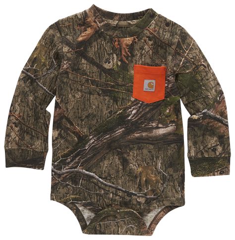 Carhartt Camo Pocket Long-Sleeve Bodysuit for Babies | Cabela's Carhartt Baby Boy, Carhartt Baby Girl, Western Babies, Camo Baby Stuff, Neck Label, Mossy Oak, Boys Long Sleeve, Knit Crewneck