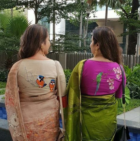 Blouse Painting Designs Latest, Painting Blouse Designs, Painting Blouses, Blouse Painting, Painted Blouse, Cotton Blouse Design, Blouse Back Neck Designs, Blouse Embroidery, Sari Blouse Designs