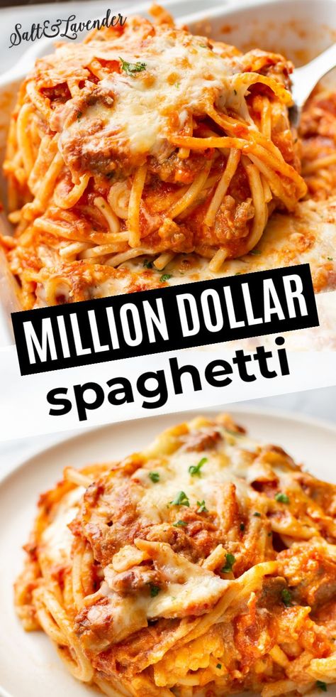 Recipe Using Spaghetti Sauce, Million Dollar Spaghetti Recipe, Italian Sausage Marinara, Italian Sausage Spaghetti, Italian Sausage Recipes Pasta, Spaghetti Casserole Recipe, Sausage Marinara, Sausage Crockpot, Million Dollar Spaghetti