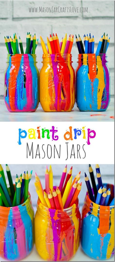 DIY paint-drip mason jar anthropologie knock-off Anthropologie Store, Diy Mason Jar Crafts, Bathroom Jars, Jar Projects, Mason Jar Projects, Makeup Organization Diy, Pencil Holders, Diy Mason Jar, Jar Art