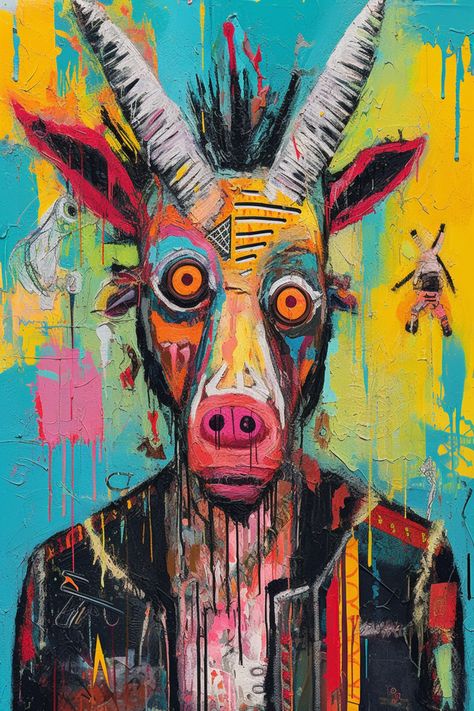 Goat Art Illustration, Abstract Goat, Screaming Goat, Illustrations Ideas, Colorful Backdrop, Art Atelier, Goat Art, Billy Goat, Glow Art