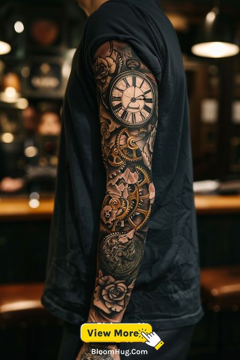 This full sleeve tattoo features a clock with Roman numerals, symbolizing the timeless nature of life. The intricate detailing makes it a bold and meaningful design for men. Symbols Of Time, Tattoo For Men Ideas, Clock Tattoos, Snapchat Questions, Sleeve Tattoo Ideas, Roman Numeral Tattoos, Roman Numeral Clock, Passage Of Time, Clock Tattoo