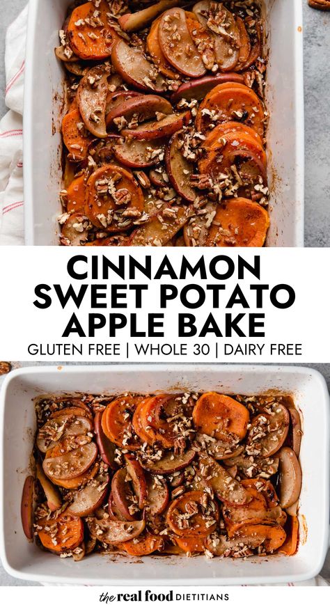 A perfect side dish for your real food table this holiday season. Cinnamon Sweet Potato Apple Bake is made with easy to find ingredients, is gluten free and Whole 30, and oh, so delicious. Paleo Thanksgiving Sweet Potatoes, Sweet Potatoes Apples Cranberries, Healthy Vegan Sweet Potato Recipes, Whole30 Apple Dessert, Thanksgiving Recipes Whole 30, Whole 30 Cinnamon Apples, Whole30 Apple Recipes, Baked Whole Apples Easy Recipes, Sweet Potato Dairy Free Recipes