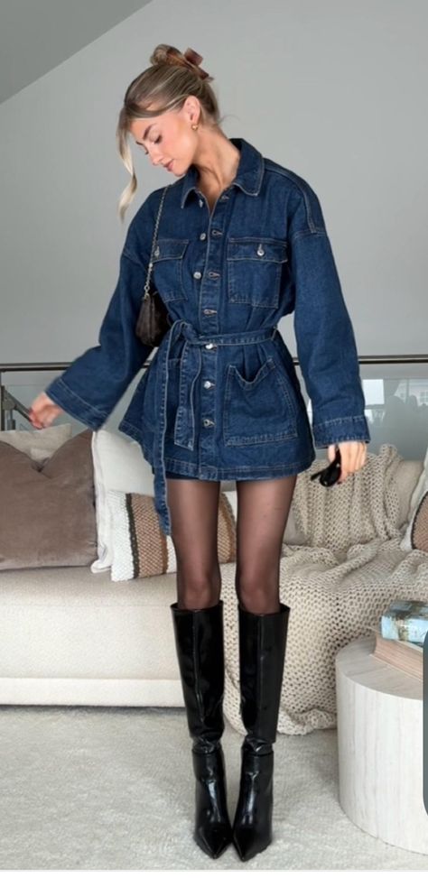 Denim Dress Black Tights, High Boot Heels Outfit, Powder Blue Skirt Outfit, Denim Skirt And Stockings Outfit, Farmhouse Chic Outfit, Denim Skirt With Tights Outfit, Dressy Dinner Outfit Classy, Tall Boots And Skirt Outfit, Long Sleeve Jean Dress Outfit