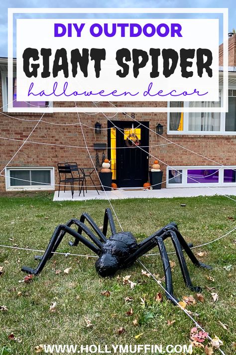 Diy Spider Decoration Outdoor Halloween, Diy Halloween Spider Outdoor, Giant Spiders Diy, Diy Spider Decorations, Diy Halloween Spider, Halloween Diy Outdoor, Halloween Spider Decorations, Halloween Outside, Spider Decorations