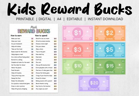 Make chores and good behavior fun with our Editable Kids Reward Bucks! This printable and editable reward system is designed to help parents motivate and reward their children for completing tasks and behaving well. Product Features: - "Rewards Bucks" Sheet: Includes 20 different activities for earning and spending money. - Blank Reward Bucks Sheet: Customize as needed. - Colorful Bills: Values of $1, $2, $3, $5, $10, $15, and $20 (each A4 page contains 6 bills). - Editable Coupons Sheet: For ad Chores And Rewards System, Chore Chart With Reward System, Reward Chart For Good Behavior, Homework Reward Chart, Chore Chart With Money Reward System, Kids Reward Bucks, Reward Bucks Free Printable, Mom Bucks Printable Free, Star Charts For Kids Reward System