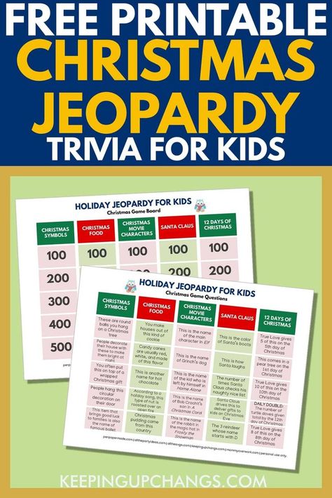 Free CHRISTMAS FOR KIDS PARTY GAME IDEA for this December winter holiday! This CHRISTMAS FOR KIDS JEOPARDY GAME printable pdf is easy to use, versatile and simple to customize or personalize for family, friends, office coworkers, church group! Categories: food, symbols, Santa Claus, word scramble, 12 days of Christmas song. Christmas for kids, adults, men, women, boys, girls | modern, fun, coed, unique, creative, funny. Jeopardy For Kids, Jeopardy Questions And Answers, Holiday Jeopardy, Christmas Jeopardy Game, Preschool Christmas Games, Christmas Jeopardy, Jeopardy Questions, Fun Family Christmas Games, Fun Holiday Games