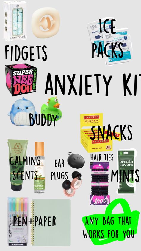 #anxitey #mentalhealthawareness #autismawareness #neurodiversity ￼ Coping Kit For Adults, Purse Kit Ideas, Worry Box For Adults, Coping Kit, Calm Down Kit, Self Care Kit, Wellness Kit, Healthy Coping Skills, Mental Health Facts