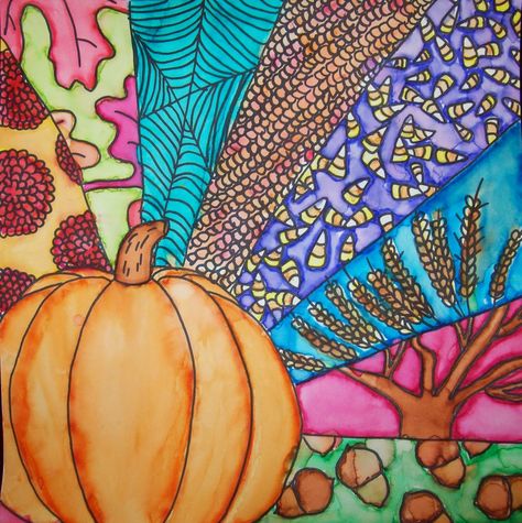 Margaret Storer-Roche     Here is another attempt at using my Pinterest ideas...the above sample inspired a fun fall sharpie and "wat... Thanksgiving Art Projects, Halloween Art Projects, October Art, Fall Art Projects, 6th Grade Art, 4th Grade Art, Classroom Art Projects, Thanksgiving Art, Jr Art