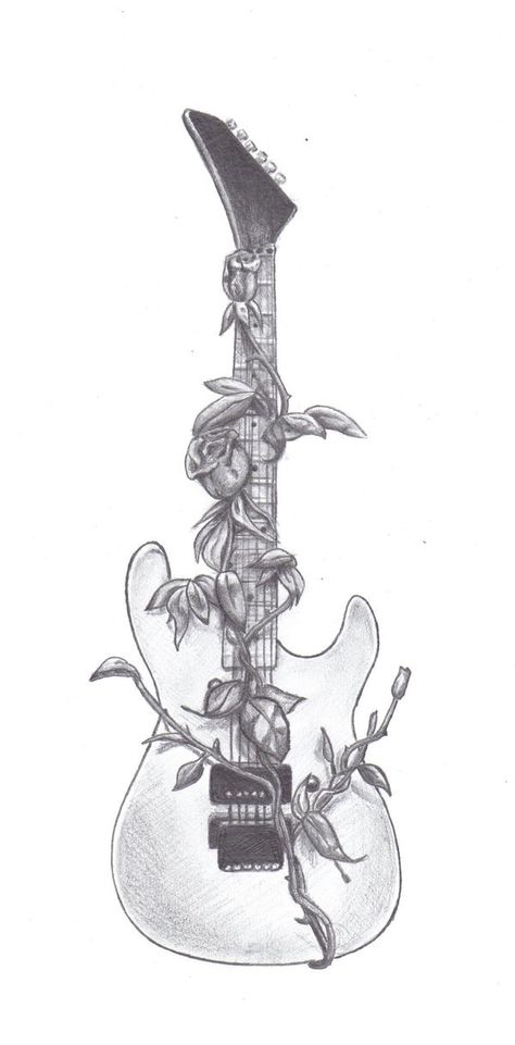 Guitar With Music Notes Tattoo, Base Guitar Tattoo, Cool Guitar Tattoos, Rock Guitar Tattoo, Rock Music Drawing, Drawings Of Music, Guitar Drawing Art, Guitar Art Drawing, Music Note Drawing