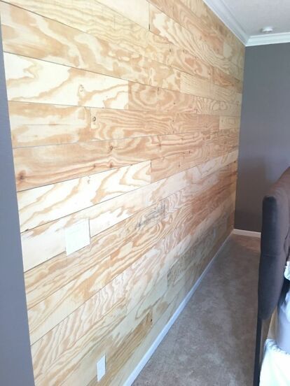 Hey All!We are pumped to share this awesome shiplap wall look without the cost of actual shiplap or even the old house to go with it!!! We started off with ripping down .5” plywood sheets into 6” strips! This can be done at Lowe’s, Home Depot or even on a small table saw at home. Once we cut the plywood pieces we stacked them up just to make sure they were the same size. Next we started to install them on the desired accent wall. Always helps to have a friend help you with the la… Making Shiplap Out Of Plywood, Smoothing Textured Walls, Staggered Wood Wall, Cheap Shiplap Wall Diy, Living Room Tv Wall Decor Ideas, Shiplap Accent Wall Kitchen, Rv Walls Makeover, Diy Plywood Wall, Stained Plywood Walls