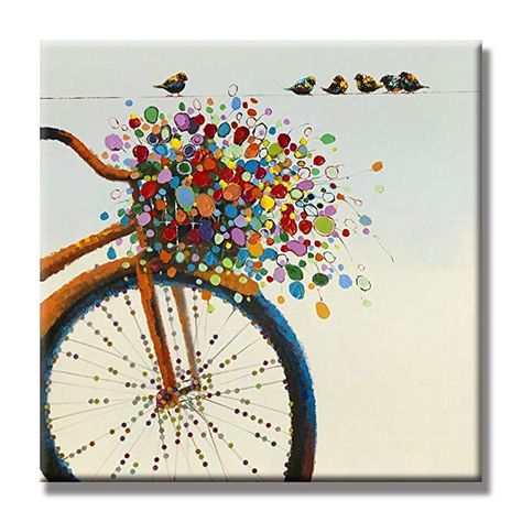 AmazonSmile: UAC WALL ARTS 100% Hand Painted Oil Painting Colorful Bicycle Flower Canvas Wall Art with Birds Floral Paintings for Living Room Wall Decor 24x24Inch: Paintings Cycle Wall Painting, Flower Wall Painting, Bicycle Crafts, Summer Lesson, Bicycle Wall Art, Painted Door, Bicycle Painting, Flower Canvas Wall Art, Hand Painted Wall Art