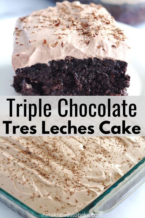 Triple Chocolate Tres Leches Cake Chocolate Tres Leches, Chocolate Tres Leches Cake, Leche Cake, Tres Leches Cake Recipe, Butter Pecan Cake, Chocolate Sponge Cake, Doughnut Cake, Pecan Cake, Tres Leches Cake