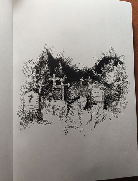 Aesthetic Easy Art, Sketch Decoration Ideas, Small Cemetery Tattoo, Drawing Ideas Gothic, Cemetery Sketch Drawings, Scary Landscape Drawing, Simple Drawing Backgrounds, Gothic Art Inspiration, Graves Drawing