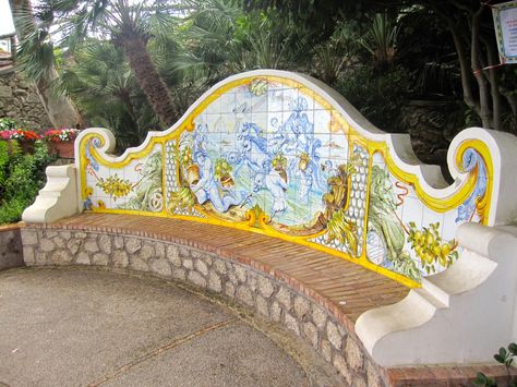 Majolica Tile Bench, Gardens of Augustus, Capri http://destinationfiction.blogspot.ca/2014/12/gardens-of-augustus-capri.html Capri Island, Fall Rock, Things To Do In Italy, Mountain Cottage, San Michele, Tourist Trap, Summer Destinations, Babymoon, Row Boat