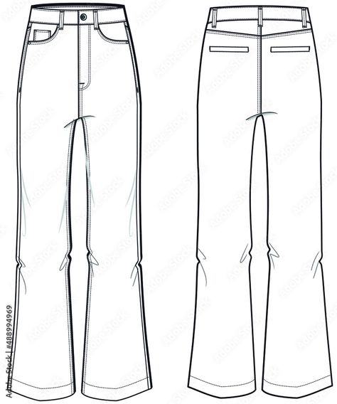 Denim Sketch, Jeans Drawing, Flared Denim Jeans, Clothing Templates, Back Drawing, Flat Drawings, Women Boot, Lace Dress Design, Flared Denim