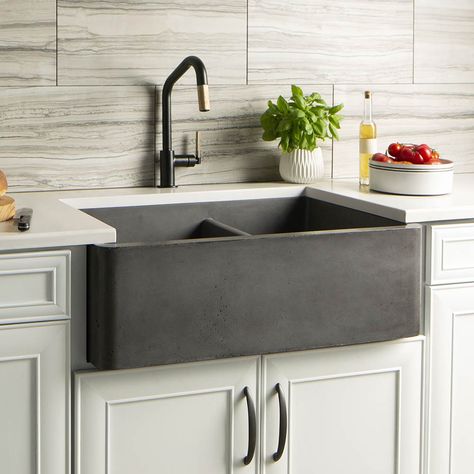 Farmhouse Double Bowl is a hard-working kitchen sink with two deep basins and simple maintenance. Installs as apron front or behind the counter. Concrete Farmhouse Sink, Concrete Kitchen Sink, Concrete Kitchens, Concrete Farmhouse, Apron Front Kitchen Sink, Double Kitchen Sink, Apron Sink Kitchen, Apron Front Sink, Concrete Sink