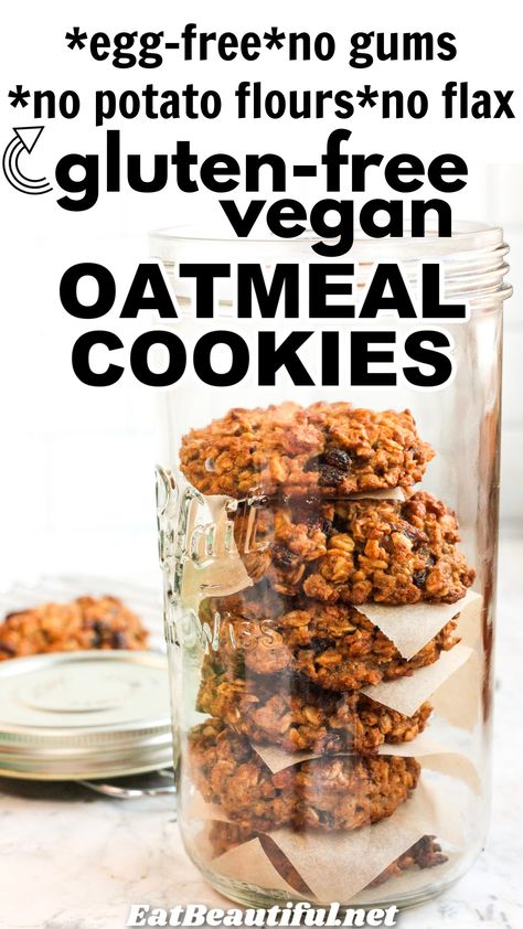 Gluten-free Vegan Oatmeal Cookies are a healthy homemade cookie without eggs, great for snacking or desserts (or even breakfasts). This recipe makes a big batch and mixes up super fast. | gluten free | vegan | oatmeal cookies | no gums | no flax | egg free || #glutenfree #vegan #oatmealcookies Cookie Without Eggs, Allergy Friendly Cookies, Vegan Oatmeal Cookies, Vegan Gluten Free Cookies, Egg Free Baking, Eat Beautiful, Beautiful Recipes, Homemade Cookie, Vegan Oatmeal